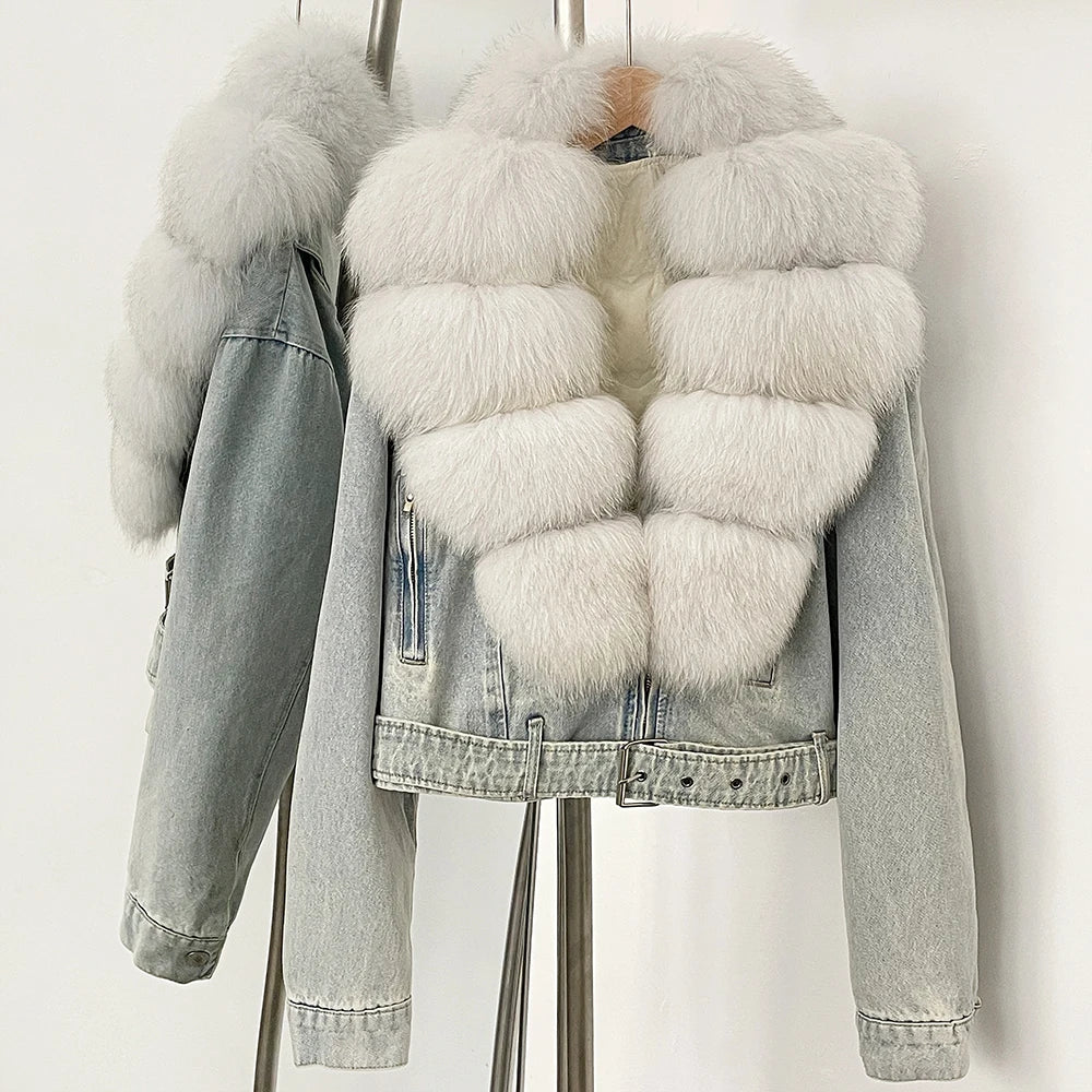 OFTBUY Real Fox Fur Collar Down Inner Lid Denim Jacket Female New Fashion Thick Warm Clothes Women Short Fluffy Puffer Jacket