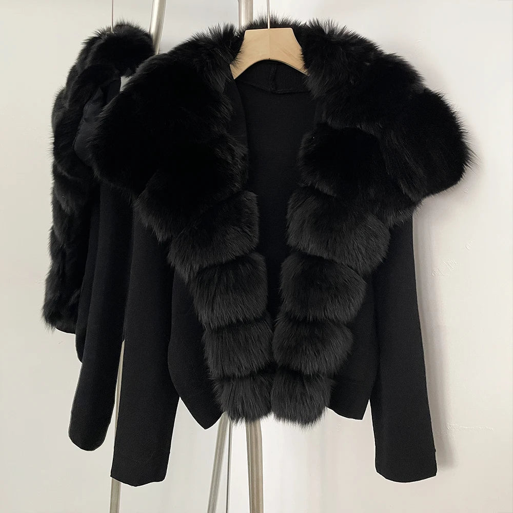 OFTBUY Women's Short Cardigan with Big Real Fox Fur Collar New Autumn Winter Knit Clothing Female Natural Fur Warm Sweater Lady