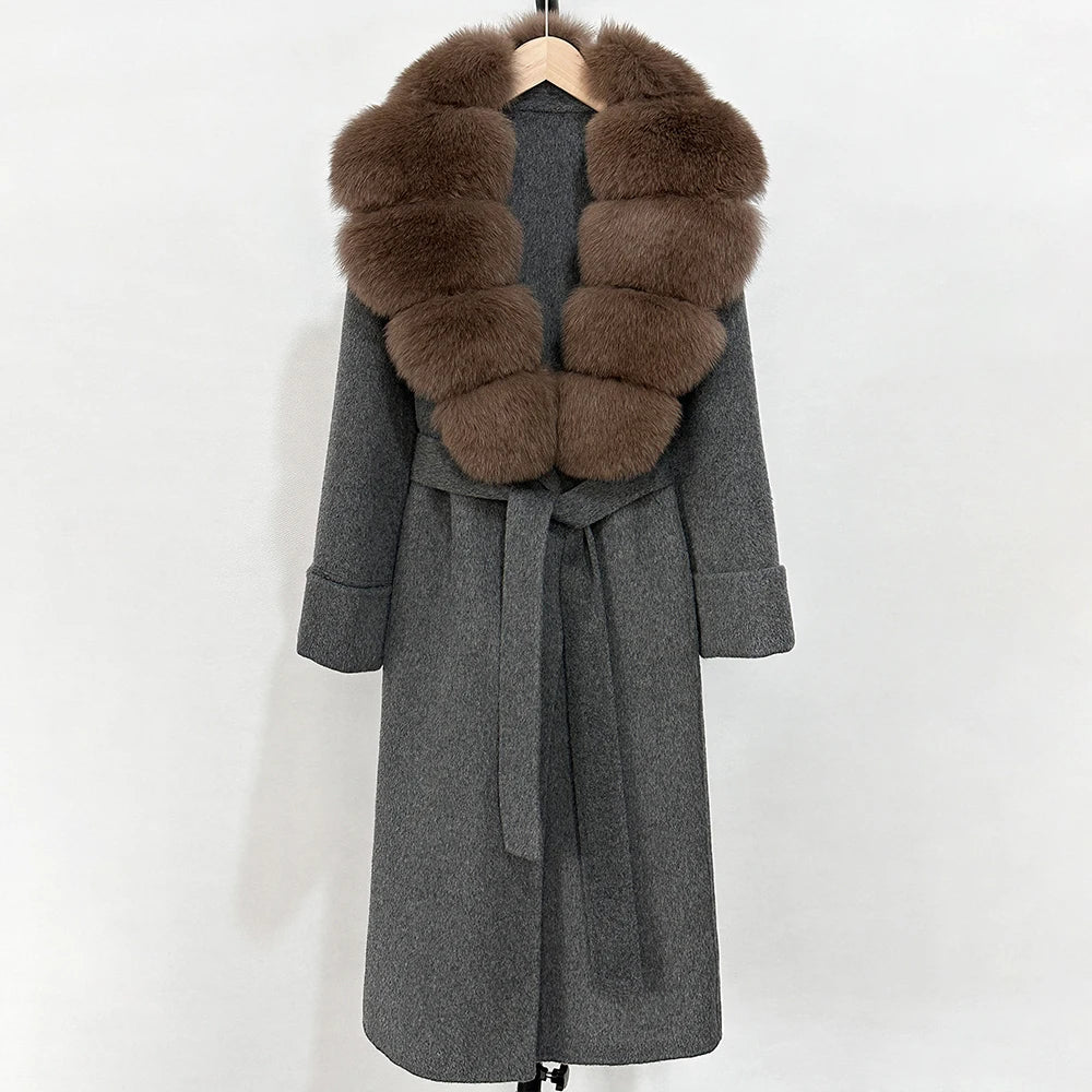 OFTBUY Long Belt 100% Wool Coat with Real Fox Fur Collar Warm Natural Fur Woolen Jacket Female New Autumn Winter Clothing Women