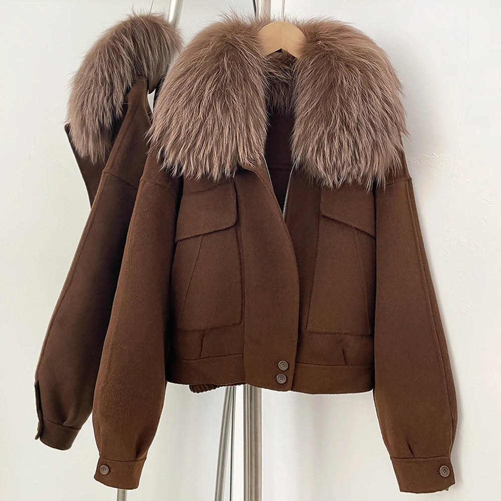 OFTBUY Short 100% Wool Coat Fahsion New Autumn Winter Real Fox Fur Top Clothes Women Natural Fur Cashmere Woolen Jacket Female