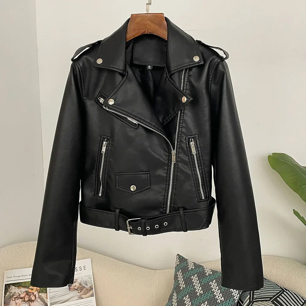 OFTBUY Women's Black Faux Leather Moto Biker Jacket Asymmetric Zip PU Coat with Belt New Autumn Winter Vintage Punk Outerwear