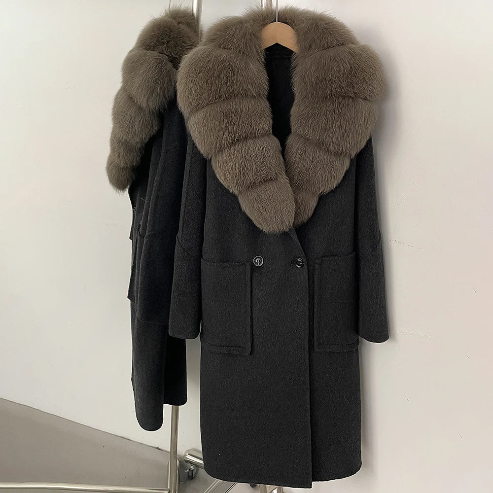 OFTBUY Double Breasted Pockets Long Luxury Warm Winter Outerwear New Women's Double-Faced Wool Coat with Real Fox Fur Collar