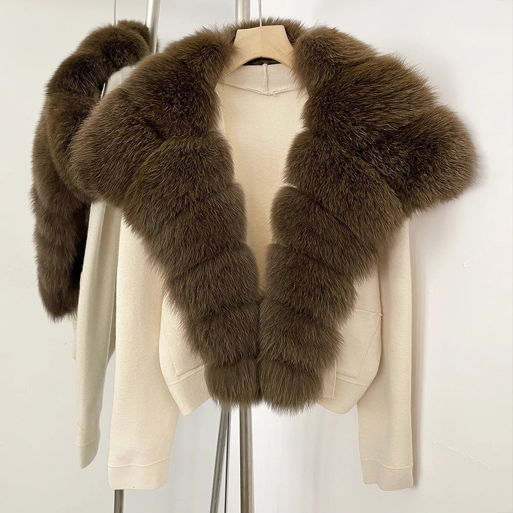 OFTBUY Women's Short Cardigan with Big Real Fox Fur Collar New Autumn Winter Knit Clothing Female Natural Fur Warm Sweater Lady