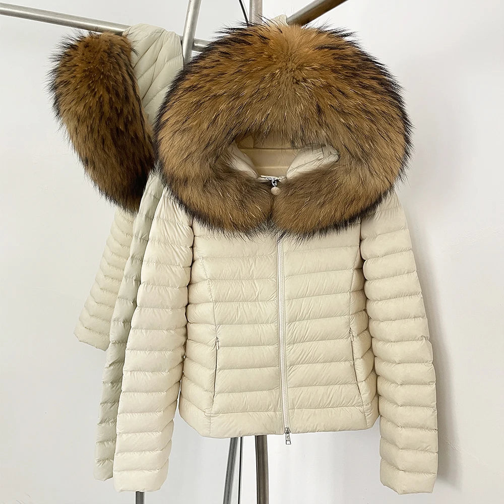 OFTBUY Hooded Slim Real Fox Fur Collar Fluffy Puffer Jacket Women New Winter Short Top Clothing Female Fur White Duck Down Coat