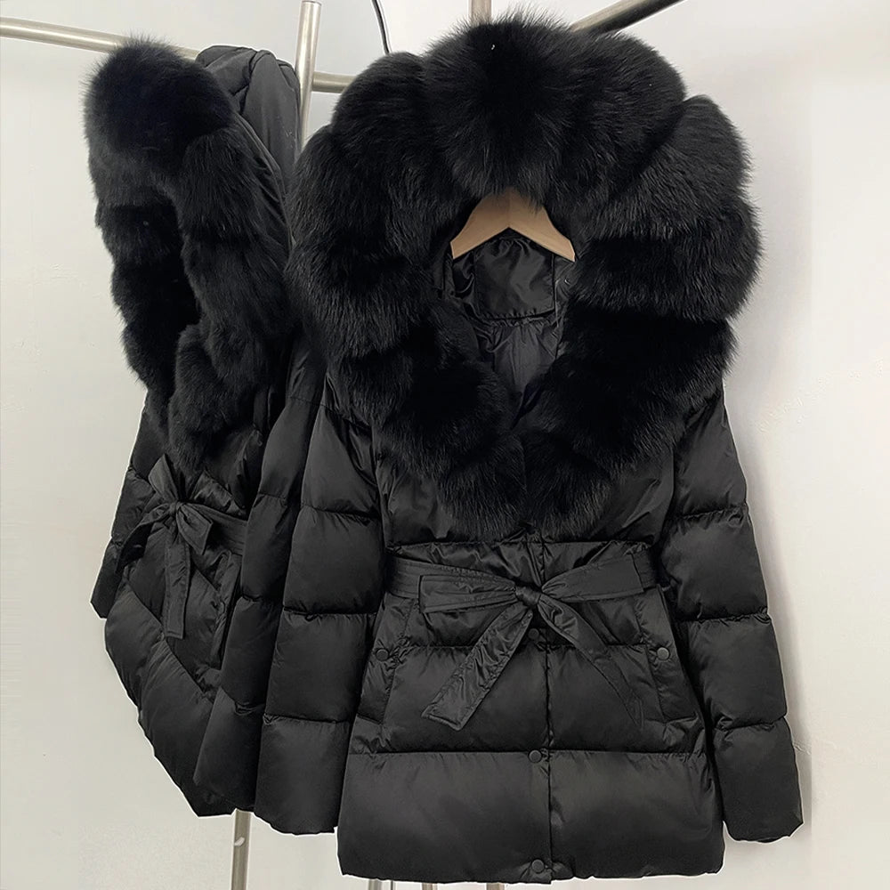OFTBUY New Women's Duck Down Jacket with Large Real Fox Fur Hood Belted Waist Warm Winter Puffer Coat Lady Luxury Outerwear