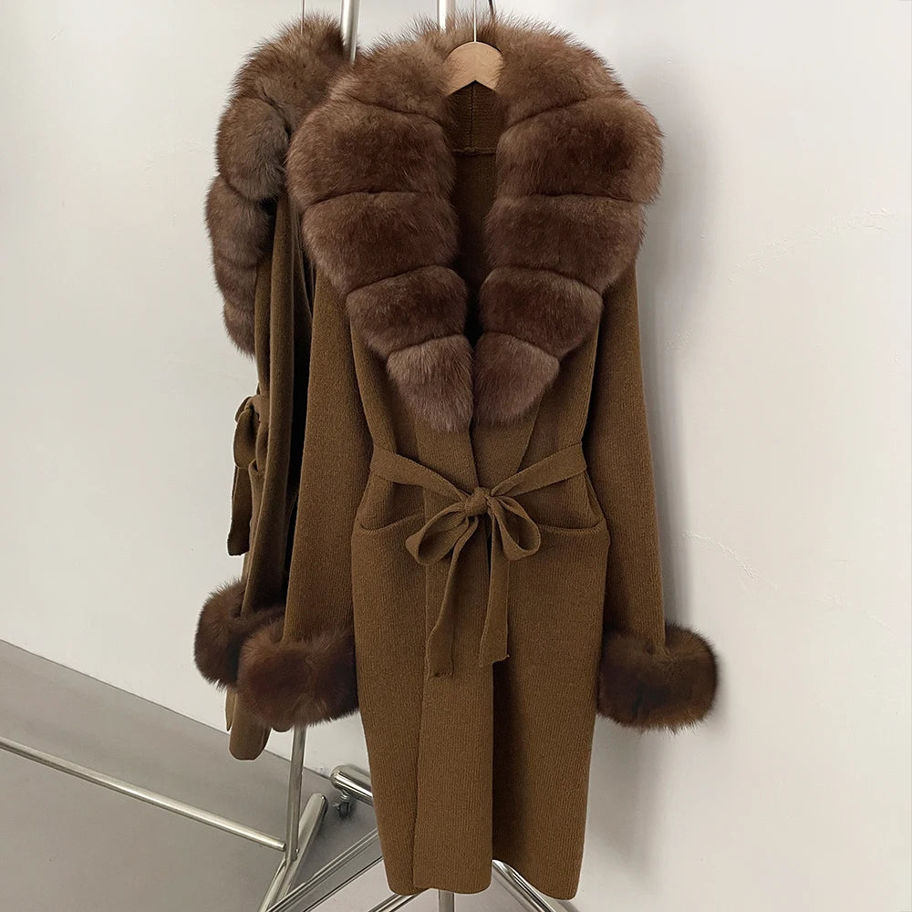 OFTBUY New Cardigan Autumn Winter Long Knit Clothing Women Loose Warm Belt Sweater Jacket with Real Fox Fur Collar and Cuffs