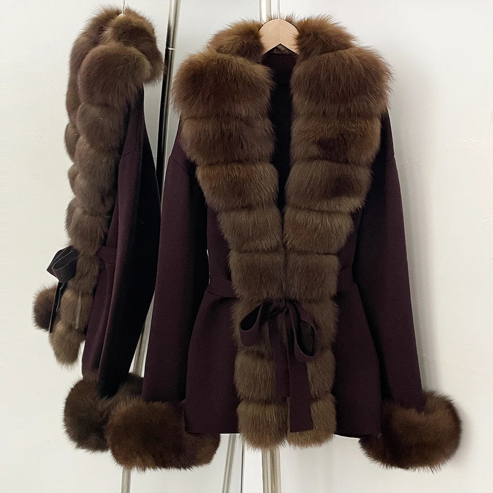 OFTBUY New Spring Autumn Clothing Women Fashion Real Fox Fur Kint Cardigan Female Belt Luxury Loose Fur Cuffs Sweater Jacket