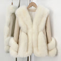 OFTBUY Women's Real Fox Fur Coat with Genuine Leather Sleeves Luxury Natural Fur Jacket Female New Warm Winter Clother Outerwear