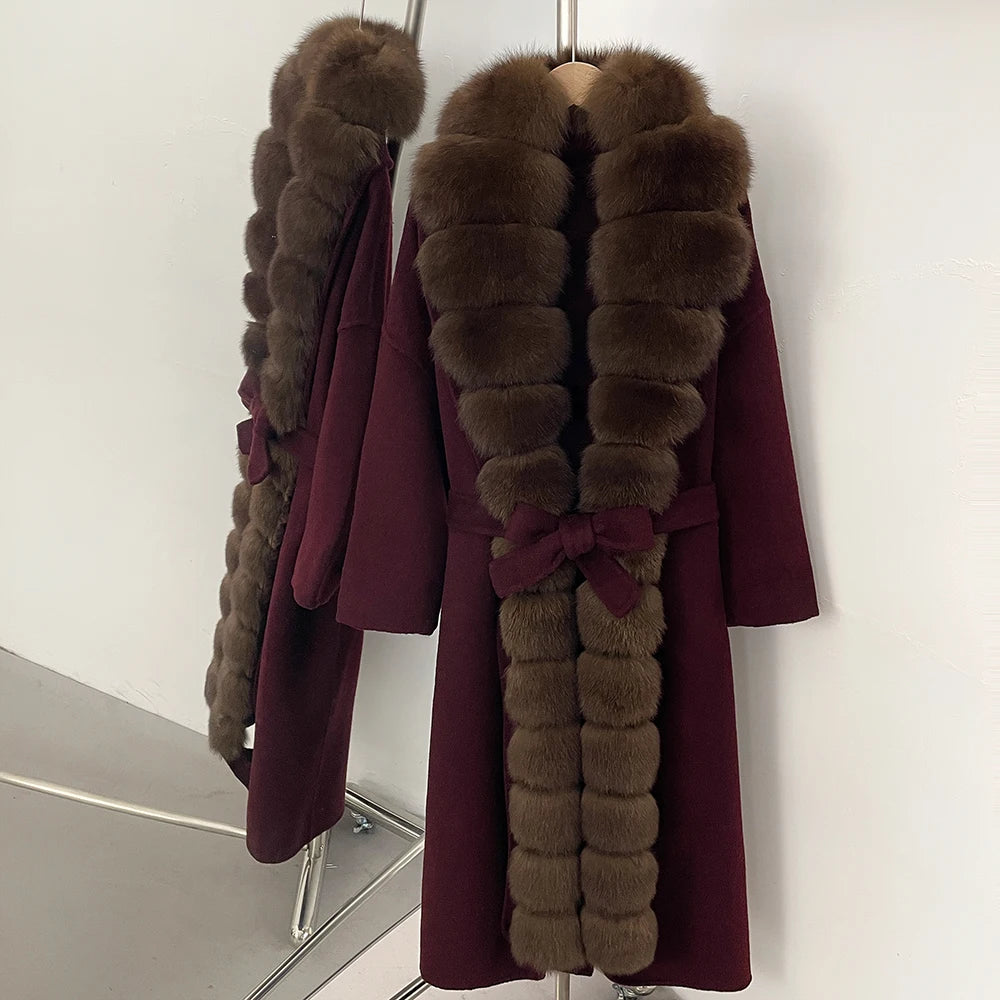 OFTBUY New Autumn Winter Clothes Women Belt Natural Fur Collar Woolen Jacket Long Big Fox Fur Pinnacle 100% Wool Coat Female