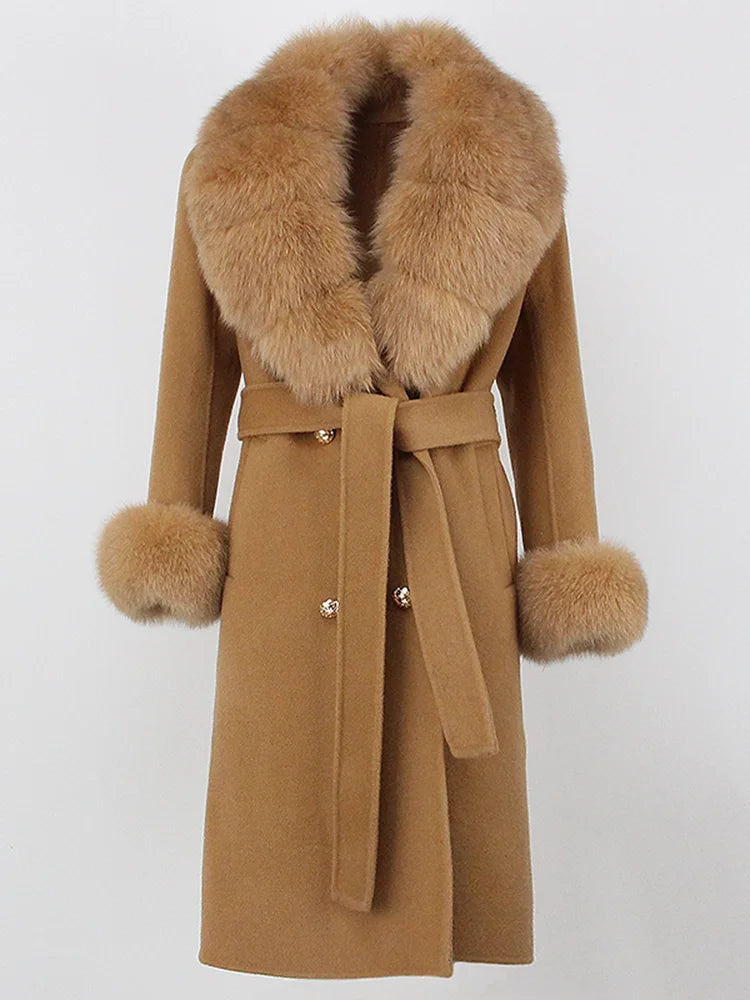 OFTBUY Winter Jacket Women Long Natural Wool Blends Cashmere Real Fur Coat Double Breasted Belt Warm Streetwear New Fashion