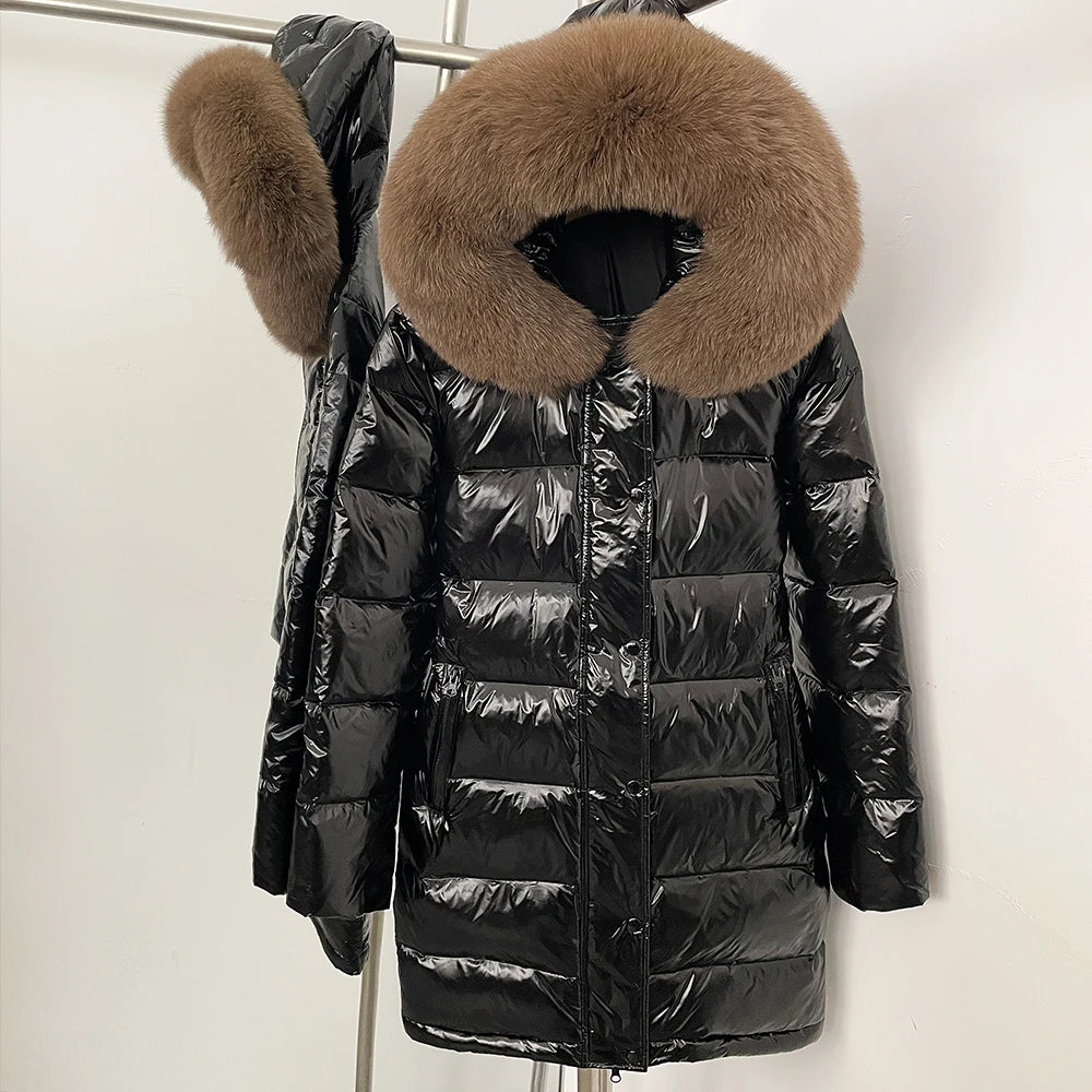 OFTBUY New Hood Collar Luxury Warm Winter Women's Shiny Puffer Jacket with Real Raccoon Fox Fur Outerwear Duck Down Coat Female