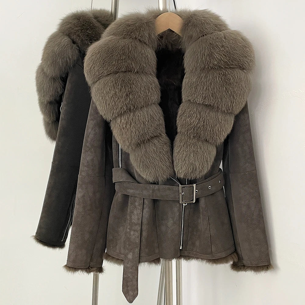 OFTBUY New Women's Suede Jacket with Real Fox Fur Collar Real Rabbit Fur Lining Coat Female Belted Warm Winter Luxury Outerwear