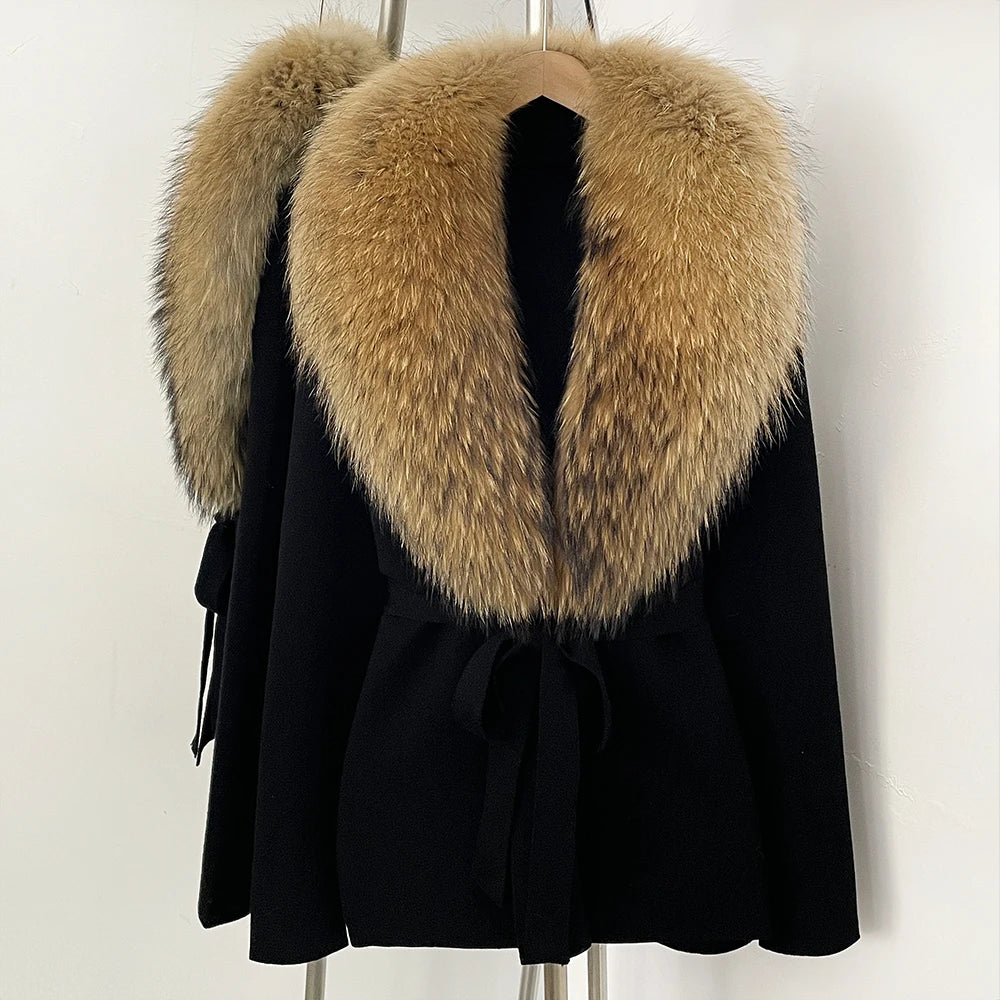 OFTBUY Fashion Real Fox Fur Collar Sweater Lady Loose Luxury Jacket Women's Clothes New Spring Autumn Belt Knit Cardigan Female