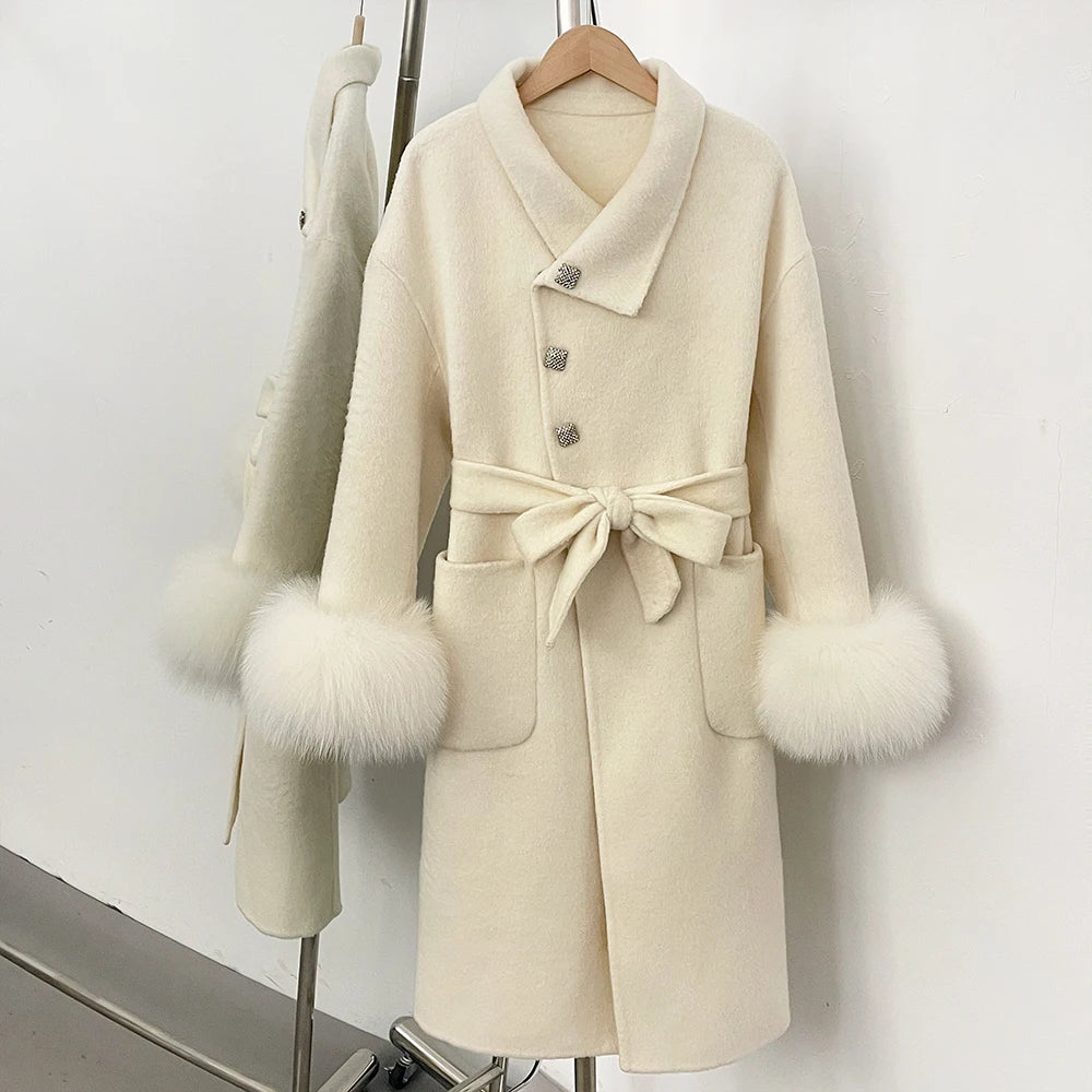 OFTBUY New Autumn Winter Top Clothes Women Fashion Warm Long Belt Wool Coat Female Natural Fox Fur Cashmere Woolen Jacket