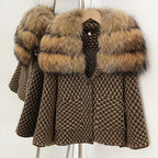 OFTBUY Women's Real Fox Raccoon Fur Collar Houndstooth Knit Cardigan Warm Winter Sweater Coat Female Luxury Elegant Outerwear