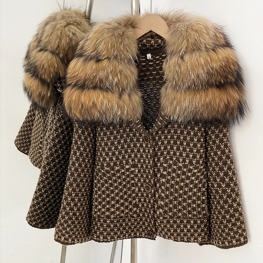 OFTBUY Women's Real Fox Raccoon Fur Collar Houndstooth Knit Cardigan Warm Winter Sweater Coat Female Luxury Elegant Outerwear
