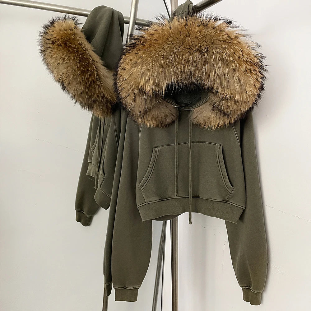 OFTBUY Casual Y2K Hoodie Real Fox Fur Collar Thickened Streetwear Hiphop Hoodie Sweatshirt Vintage Rock Goth Loose Punk Jacket