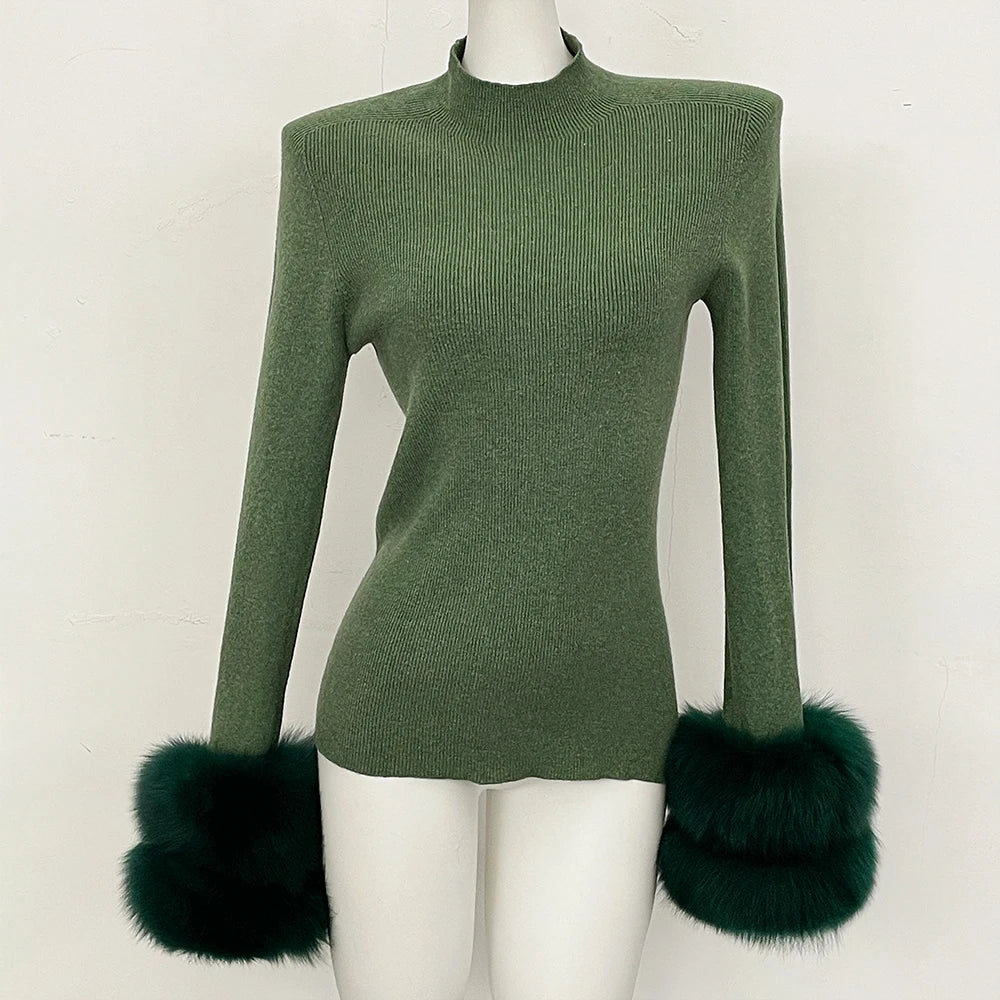 OFTBUY Luxury Mock Neck Ribbed Knit Top with Oversized 100% Real Fox Fur Cuffs