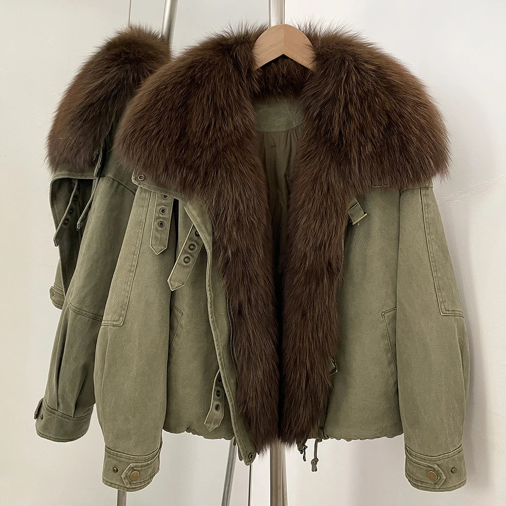 OFTBUY 100% Cotton Natural Fur Duck Down Coat Female New Winter Thick Warm Clothes Women Loose Real Fox Fur Puffer Jacket Lady