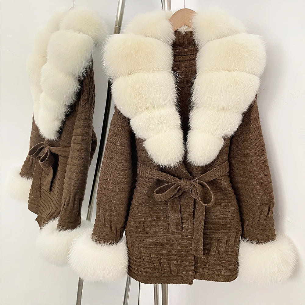 OFTBUY Belted Waist Striped Texture Pockets New Women's Knit Coat with Large Real Fox Fur Collar Winter Luxury Elegant Outerwear