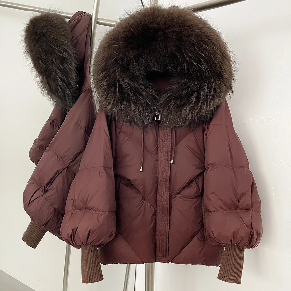 OFTBUY Thicken Warm Knitted Sleeve Coat New Winter Large Real Fur Hooded Puffer Jacket Women White Duck Down Mid Long Parka