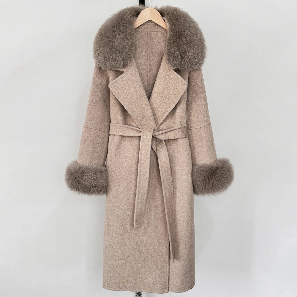 OFTBUY Fashion Warm Wool Coat with Real Fox Fur Collar New Autumn Winter Long Clothing Women Belt Elegant Woolen Jcacket Female
