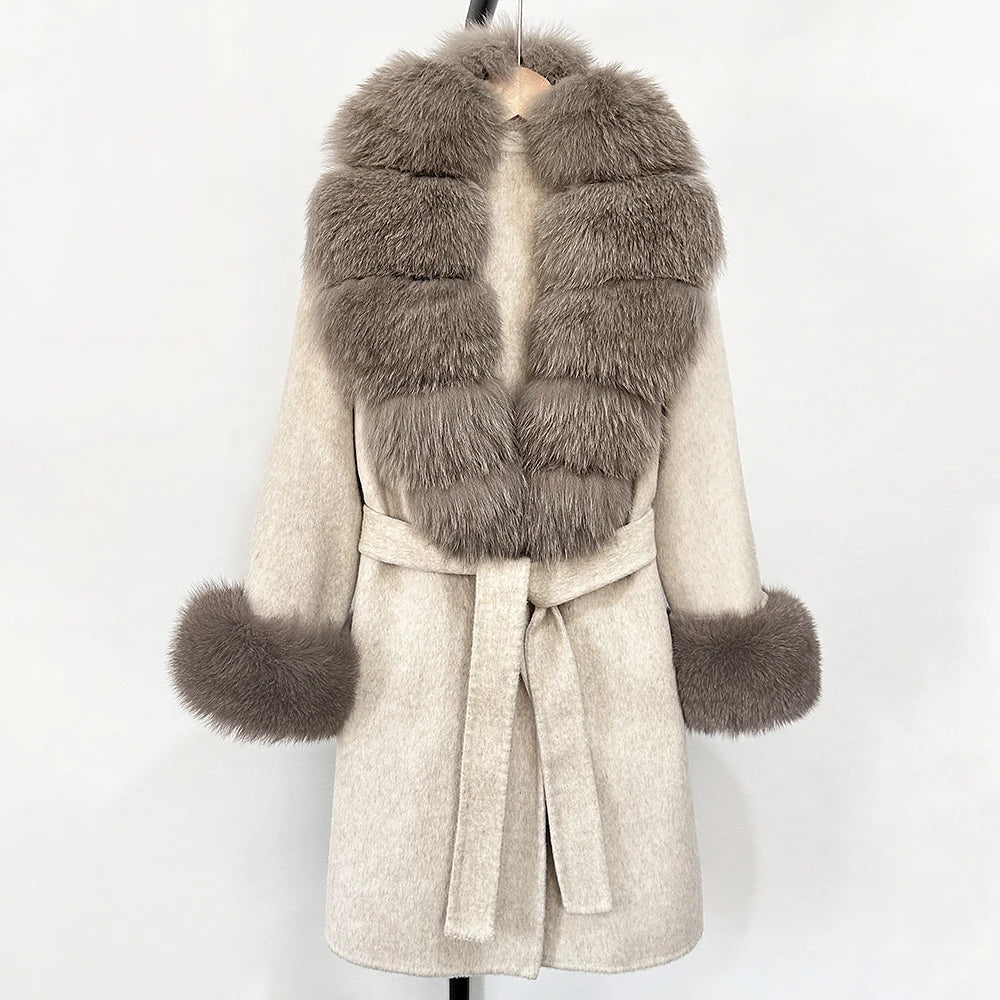 OFTBUY New Autumn Winter Top Clothes Women Belt Natural Fur Wool Coat Female Fashion Warm Woolen Jacket with Real Fox Fur Collar
