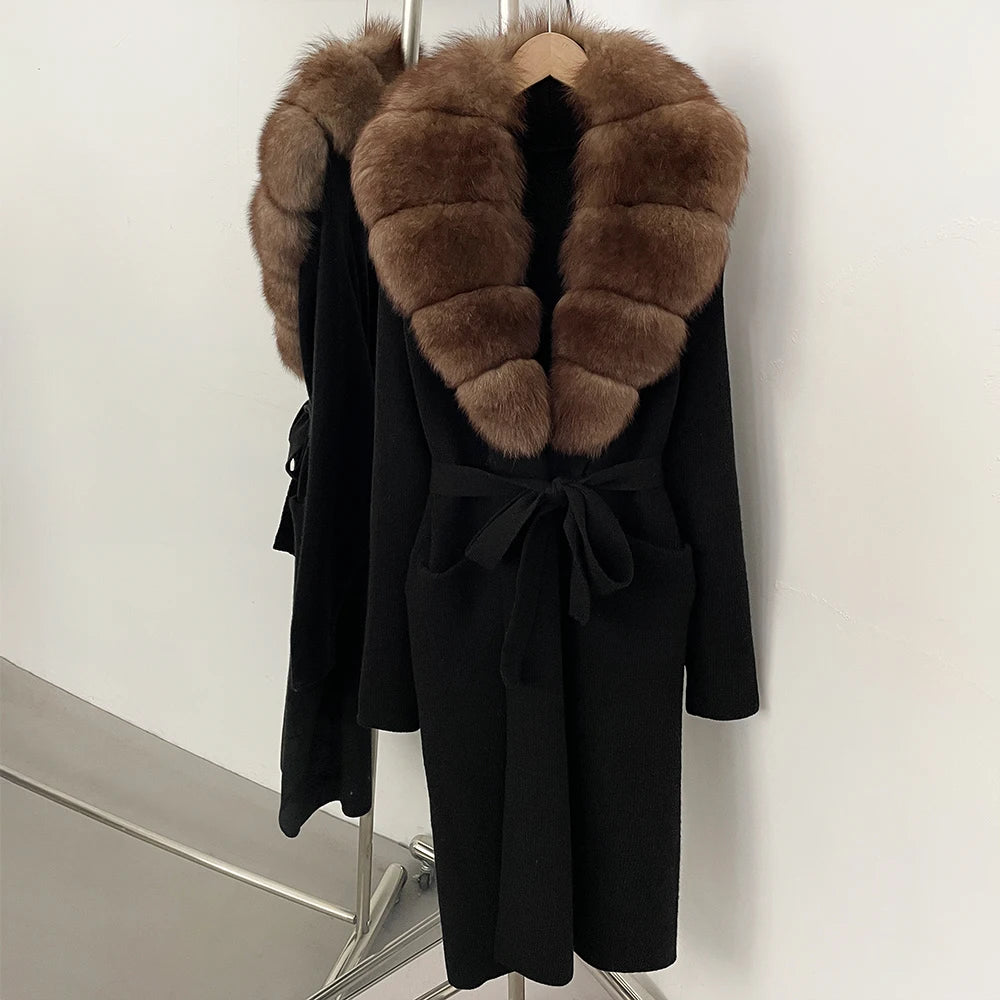 OFTBUY Women's Luxury Brown Knit Cardigan with Real Fox Fur Collar Belted Sweater Coat Female New Fashion Warm Winter Outerwear