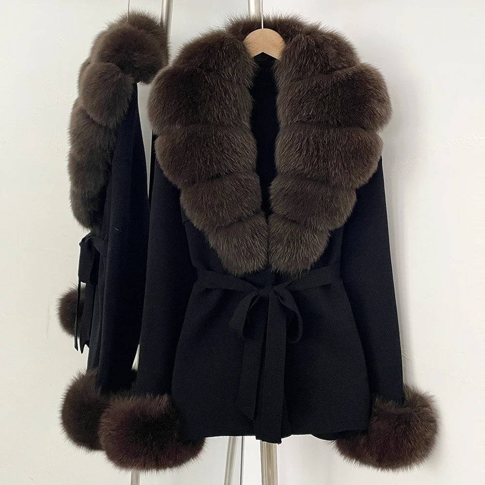 OFTBUY New Women's Knit Cardigan with Real Fox Fur Collar and Cuff Belt Luxury Coat Warm Autumn Fashion Outerwear Sweater Female
