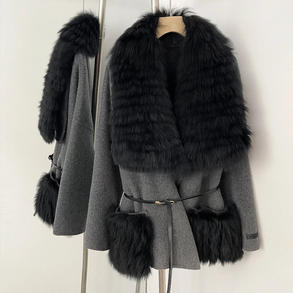 OFTBUY Fur Pockets Winter Luxury Outerwear Woolen Jacket Female New Women's Double Face Wool Coat with Large Real Fox Fur Collar