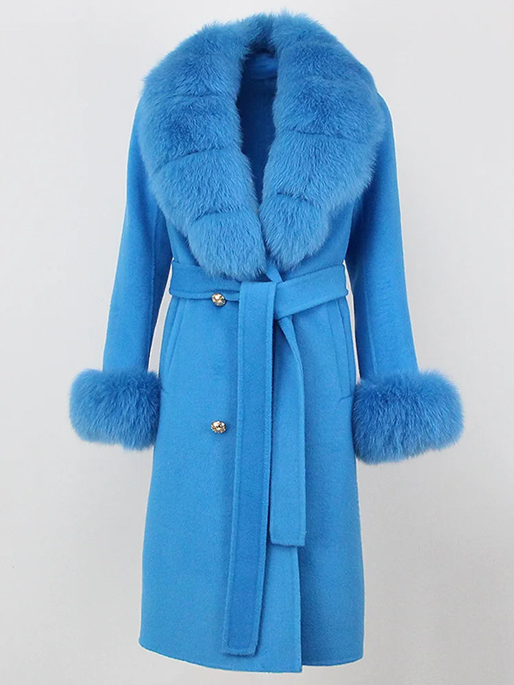 OFTBUY Winter Jacket Women Long Natural Wool Blends Cashmere Real Fur Coat Double Breasted Belt Warm Streetwear New Fashion