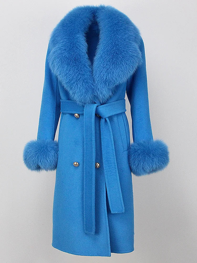 OFTBUY Winter Jacket Women Long Natural Wool Blends Cashmere Real Fur Coat Double Breasted Belt Warm Streetwear New Fashion