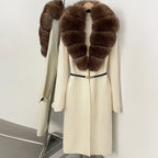 OFTBUY Warm Winter Elegant Fashion knit Outerwear female New Women's Knit Long Coat with Large Real Fox Fur Collar Belted Waist