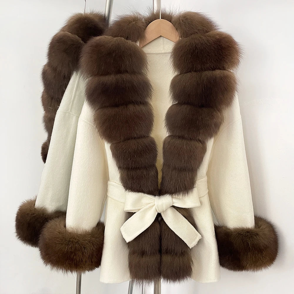 OFTBUY Big Natural Fox Fur Pinnacle 100% Wool Coat Female New Autumn Winter Clothes Women Belt Natural Fur Collar Woolen Jacket