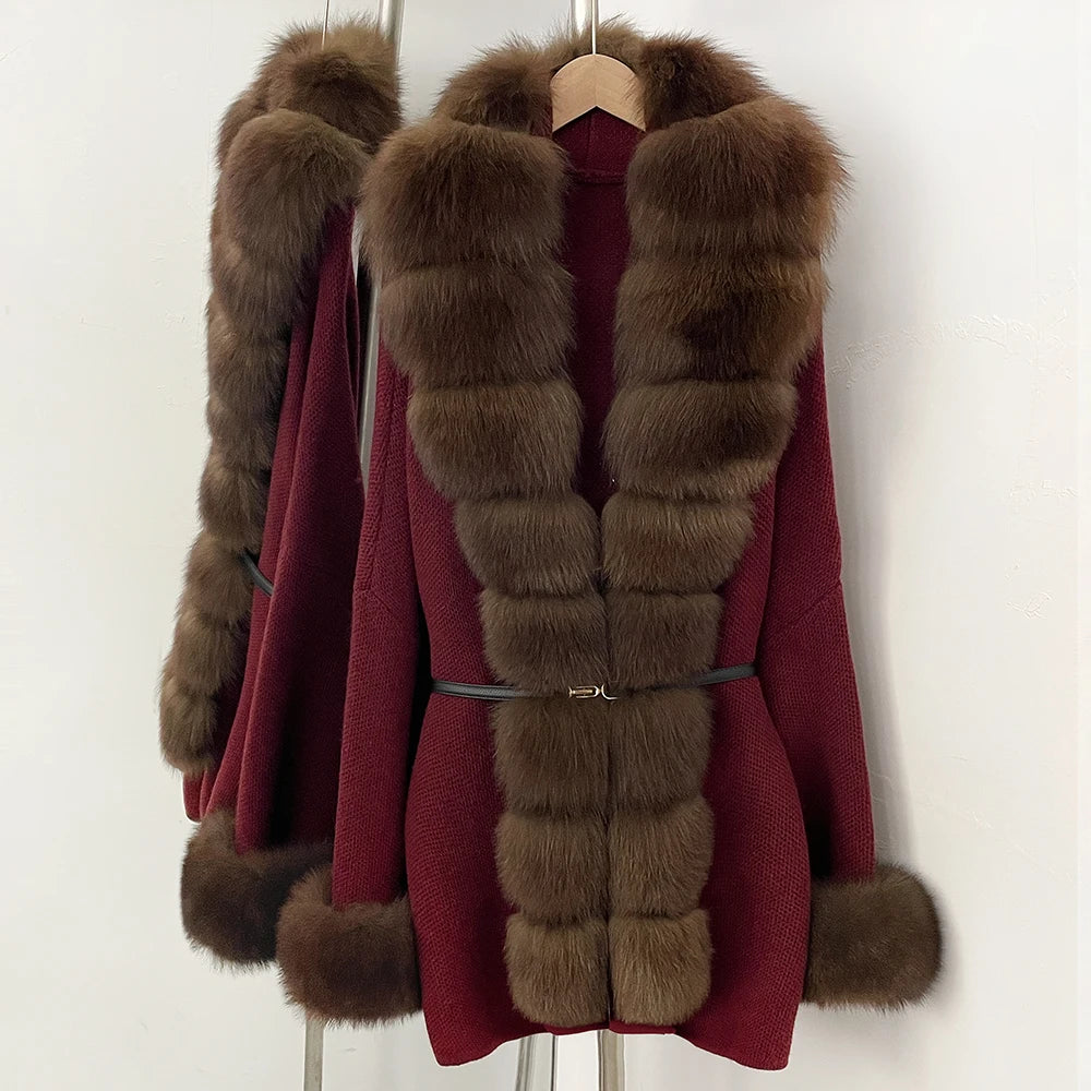 OFTBUY Belt Textured Knit Warm Winter Luxury Outerwear Female Sweater Cardigan New Women's Knit Coat with Large Real Fox Fur