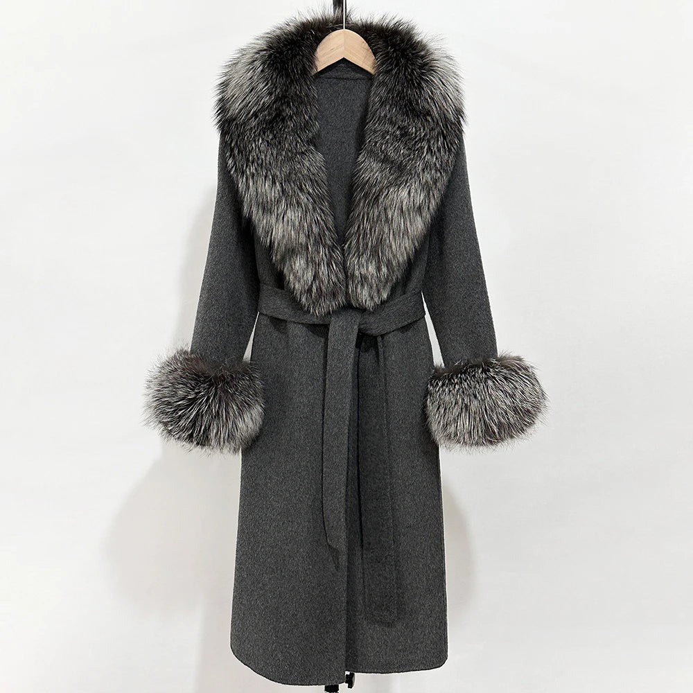 OFTBUY Fashion Warm Woolen Jacket with Real Fox Fur Collar and Cuffs New Autumn Winter Wool Clothing Women Long Belt Outerwear