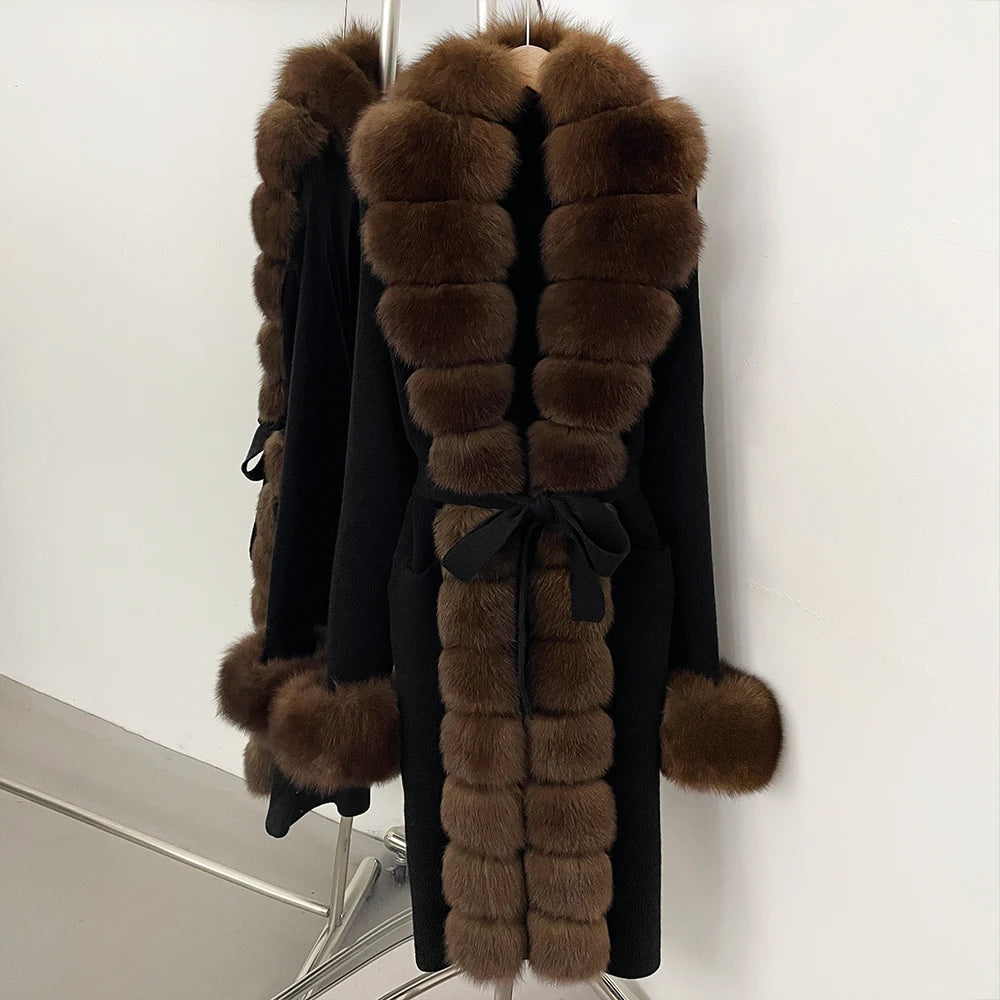 OFTBUY Cardigan Sweater New Women's Knit Long Coat with Full Real Fox Fur Belted Pockets Warm Winter Elegant Fashion Outerwear