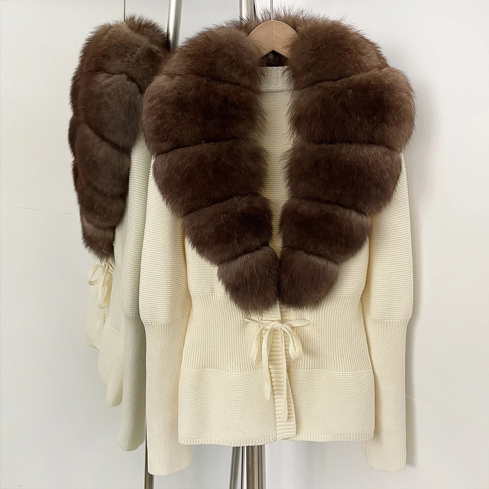 OFTBUY Luxury 100% Cotton Jacket with Real Fox Fur Collar New Autumn Winter Knit Cardigan Women Slim Warm Sweater Outerwear Lady