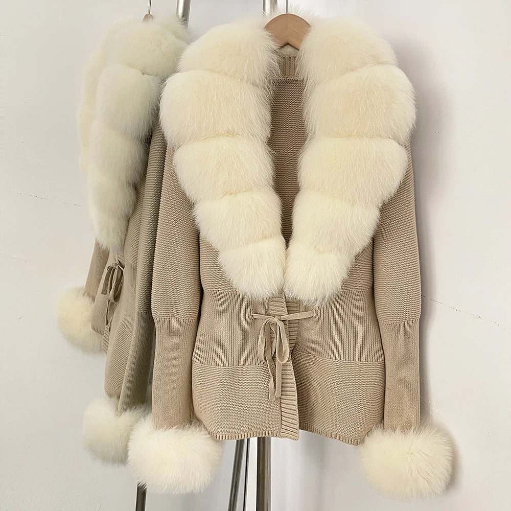 OFTBUY New Autumn Winter Knit Cardigan Women Fashion Warm Clothes with Real Fox Fur Luxury Natural Fur Sweater Jacket Female