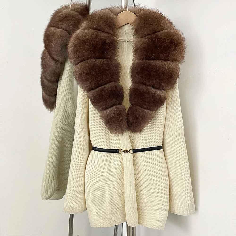 OFTBUY New Autumn Winter Luxury Fashion Outerwear Lady Women's Knit Coat with Large Real Fox Fur Collar Belt Textured Knit Warm