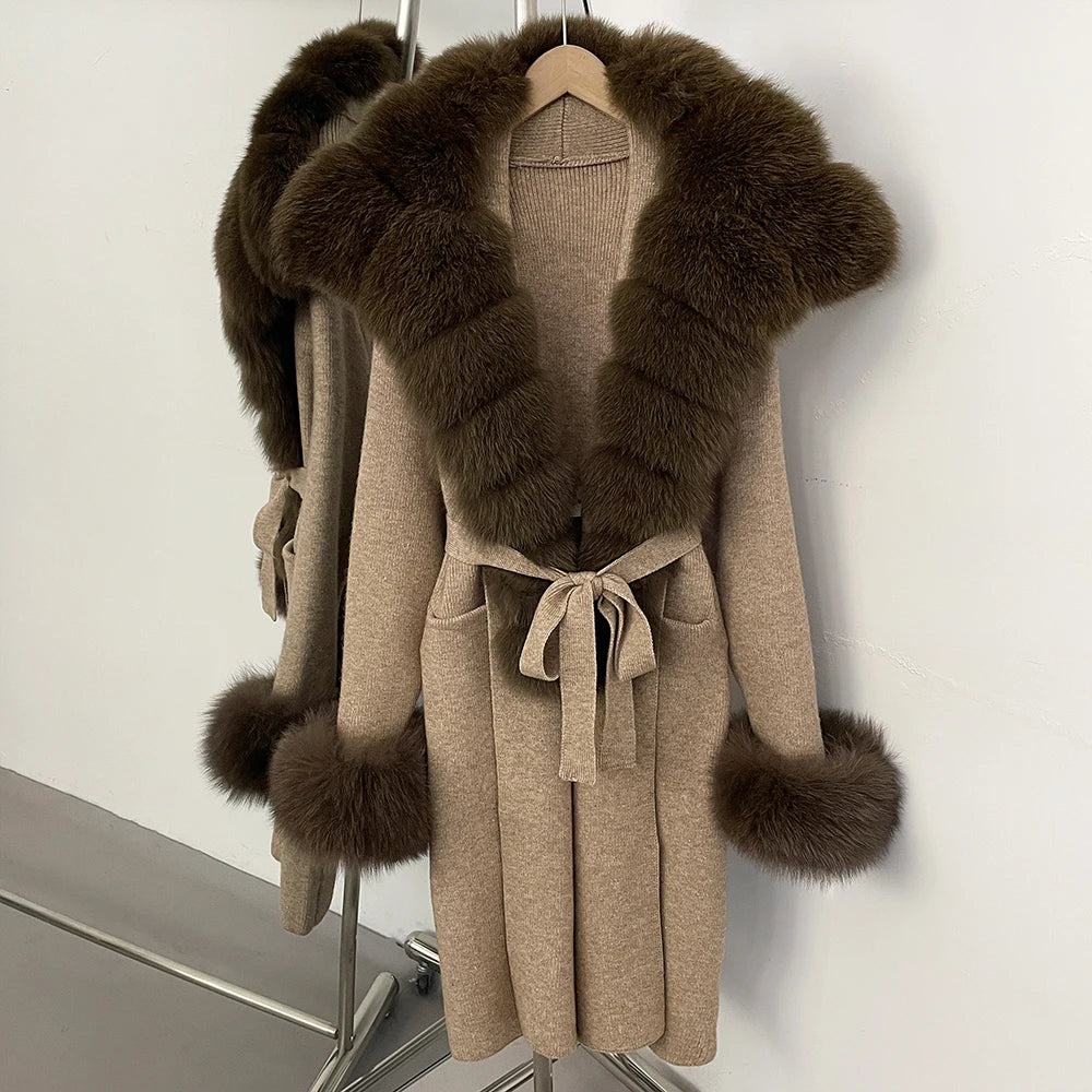 OFTBUY Fashion Warm Belt Real Fox Fur Cardigan New Natural Fur Collar Long Knit Jacket Women Atrumn Winter Top Clothing Female
