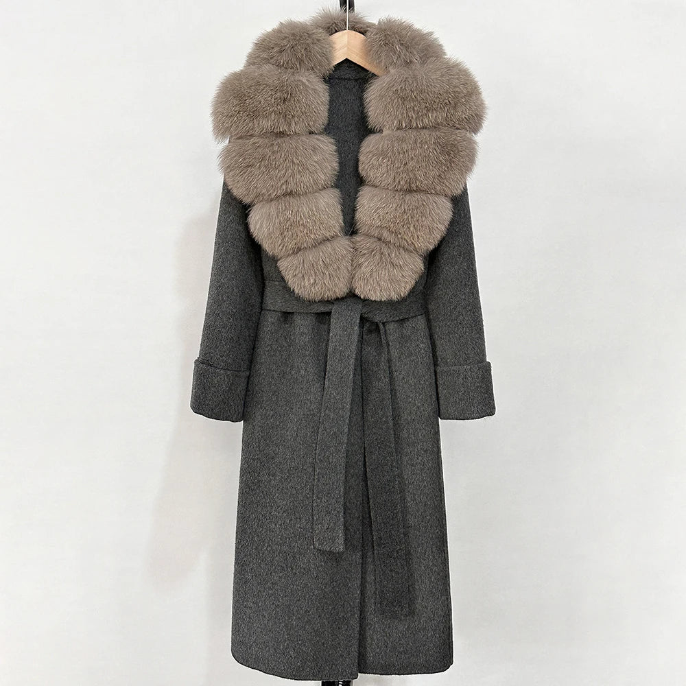 OFTBUY Long Belt 100% Wool Coat with Real Fox Fur Collar Warm Natural Fur Woolen Jacket Female New Autumn Winter Clothing Women