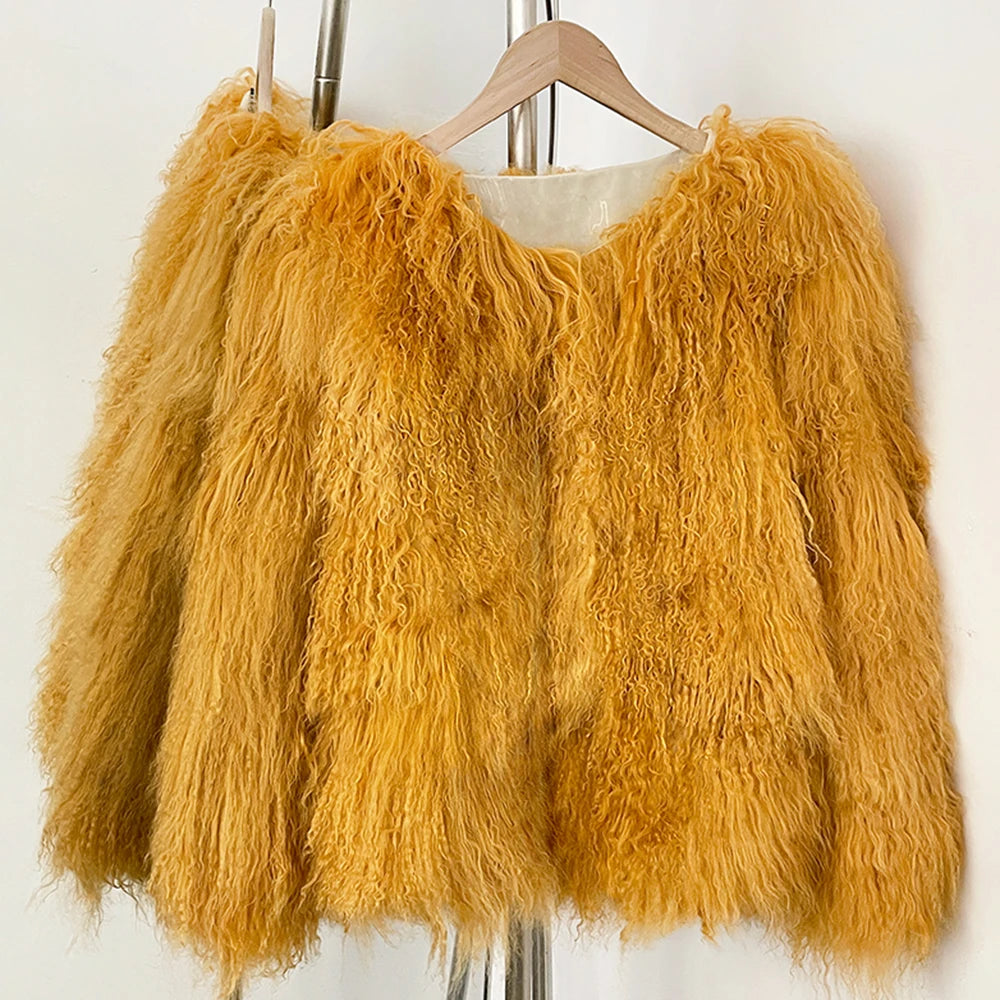OFTBUY Warm Thick New Autumn Winter Luxury Outerwear Women's Camel Real Mongolian Sheep Fur Coat Curly Natural Fur Jacket Female