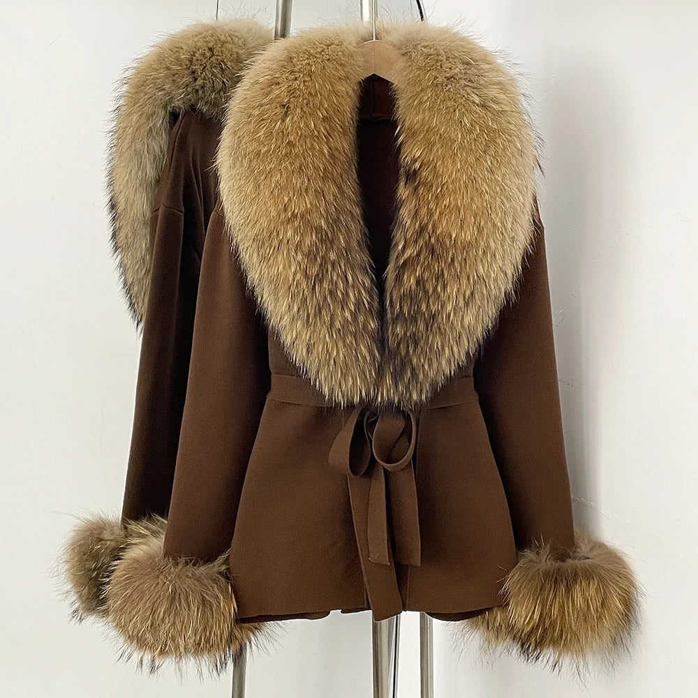 OFTBUY New Women's Knit Cardigan with Real Fox Fur Collar and Cuff Belt Luxury Coat Warm Autumn Fashion Outerwear Sweater Female