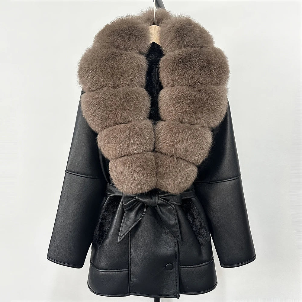 OFTBUY Large Natural Fox Fur Coat New Women Thick Warm Retro Faux Lamb Fur Jacket Belt Winter Female Parkas Outwear