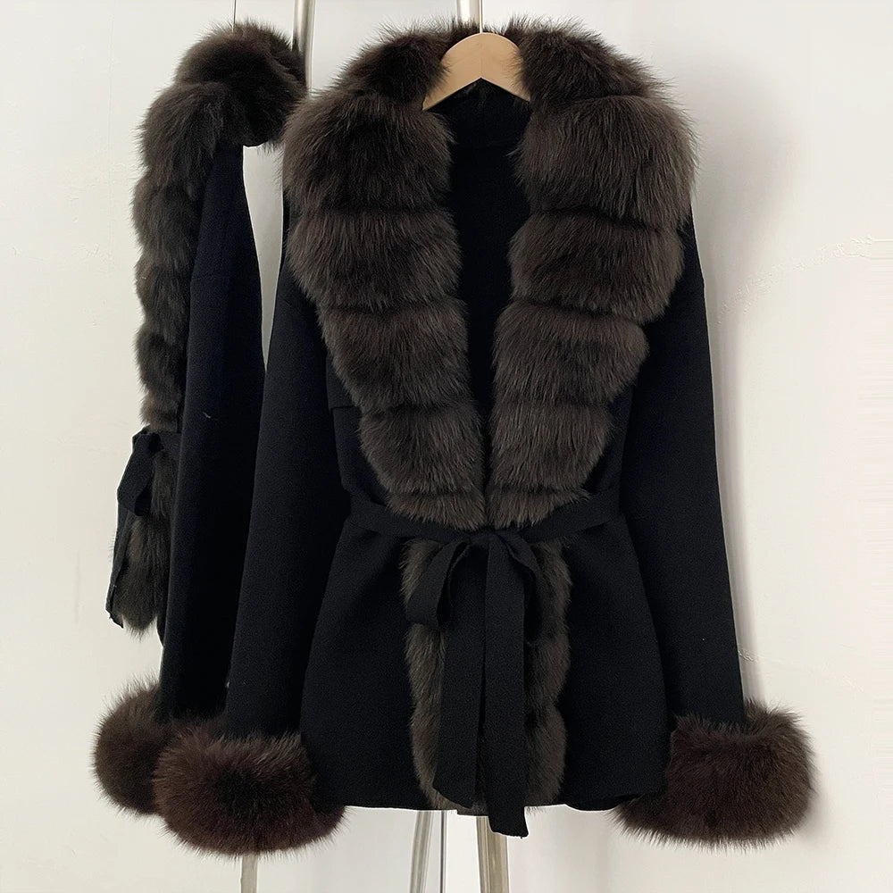 OFTBUY New Spring Autumn Clothing Women Fashion Real Fox Fur Kint Cardigan Female Belt Luxury Loose Fur Cuffs Sweater Jacket