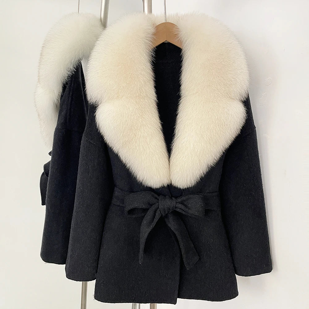 OFTBUY Belted Warm Winter Elegant Fashion Outerwear Lady New Women's Double-Faced Wool Coat with Large Real Fox Fur Collar Cuffs