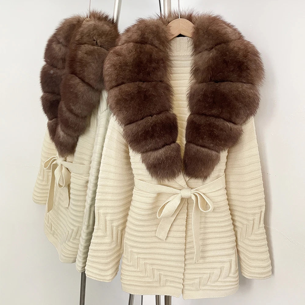 OFTBUY New Women's Knit Coat with Large Real Fox Fur Collar Belted Waist Striped Texture Pockets Winter Luxury Elegant Outerwear