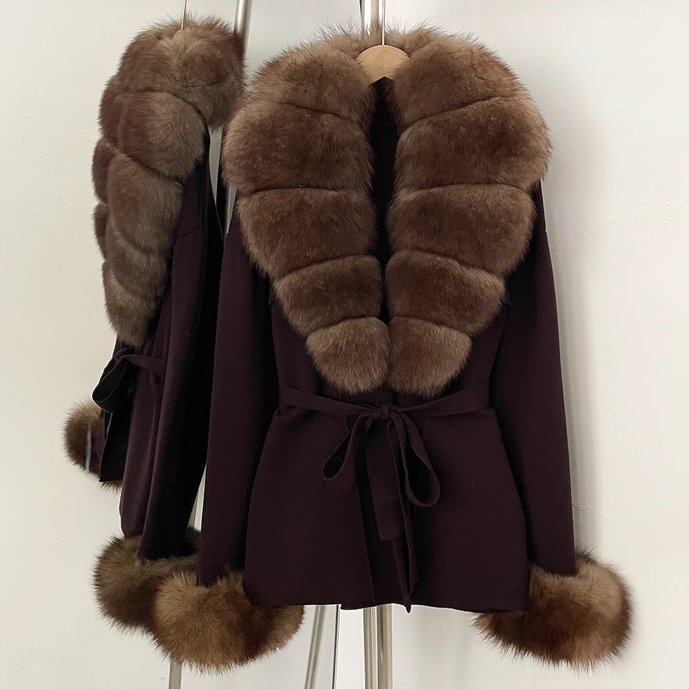 OFTBUY New Women's Knit Cardigan with Real Fox Fur Collar and Cuff Belt Luxury Coat Warm Autumn Fashion Outerwear Sweater Female