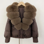 OFTBUY Luxury 90% Duck Down Puffer Jacket with Oversized Real Fox Fur Collar - Short Tiered Winter Coat